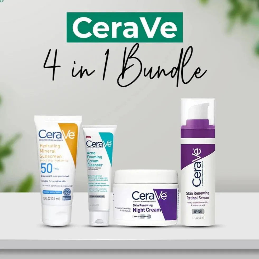 CeraVe Skincare Collection – Acne Foaming Cleanser, Retinol Serum, Skin Renewing Night Cream & Hydrating Mineral Sunscreen SPF 50 | Original CeraVe Products