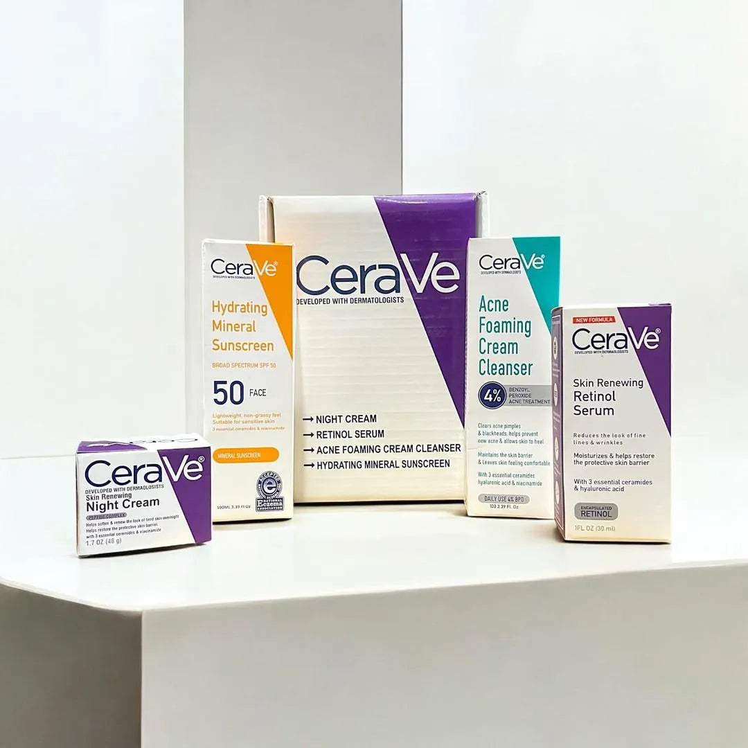 CeraVe Skincare Collection – Acne Foaming Cleanser, Retinol Serum, Skin Renewing Night Cream & Hydrating Mineral Sunscreen SPF 50 | Original CeraVe Products